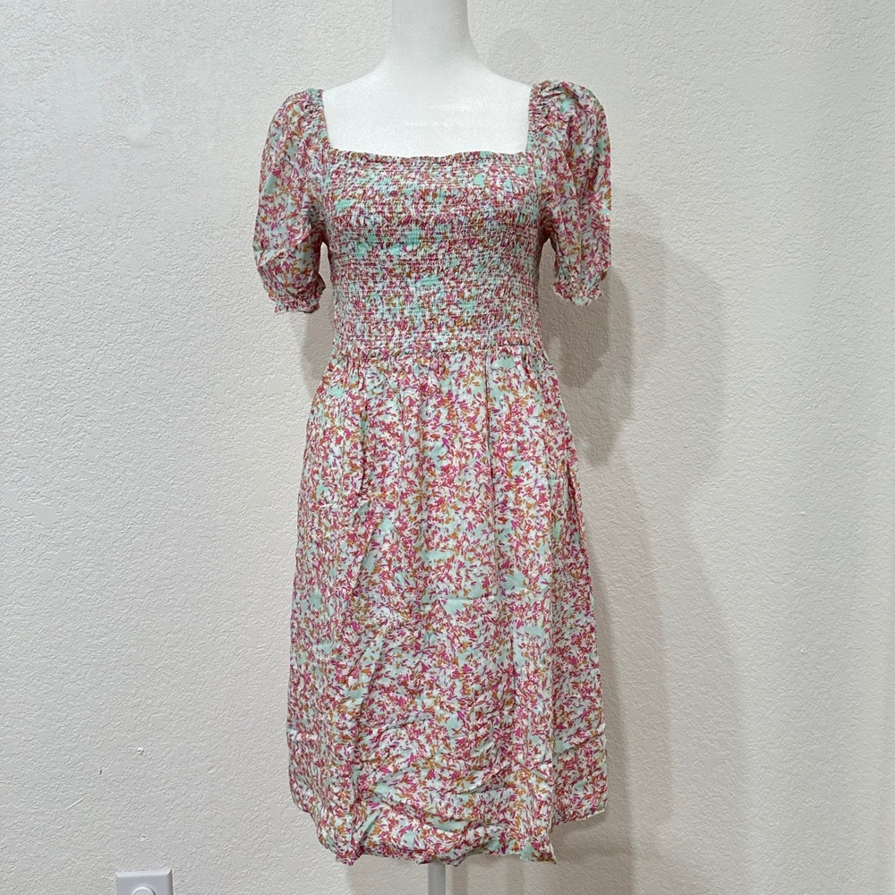 Roxy Womens Y2K Pink‎ Green Floral Smocked Puff Sleeve Mini Summer Dress Size M